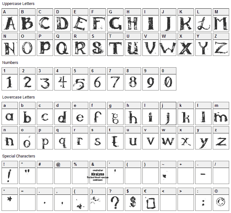 KiraLynn Font Character Map