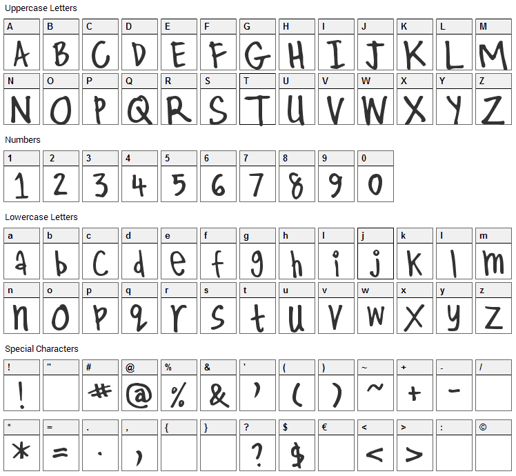 Kirby Font Character Map