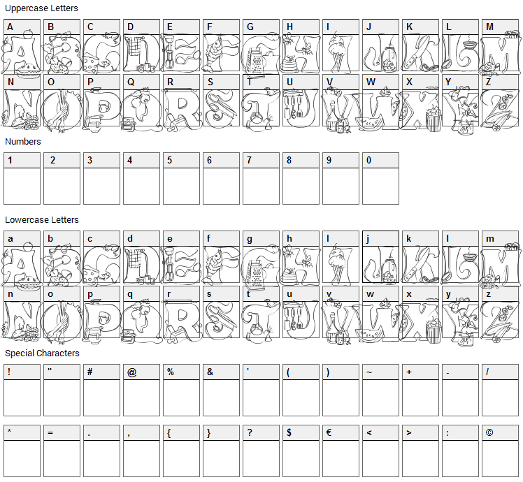 Kitchen Kapers Font Character Map