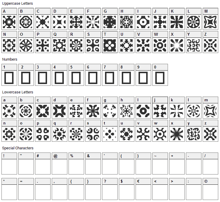 Kitchen Tile Font Character Map