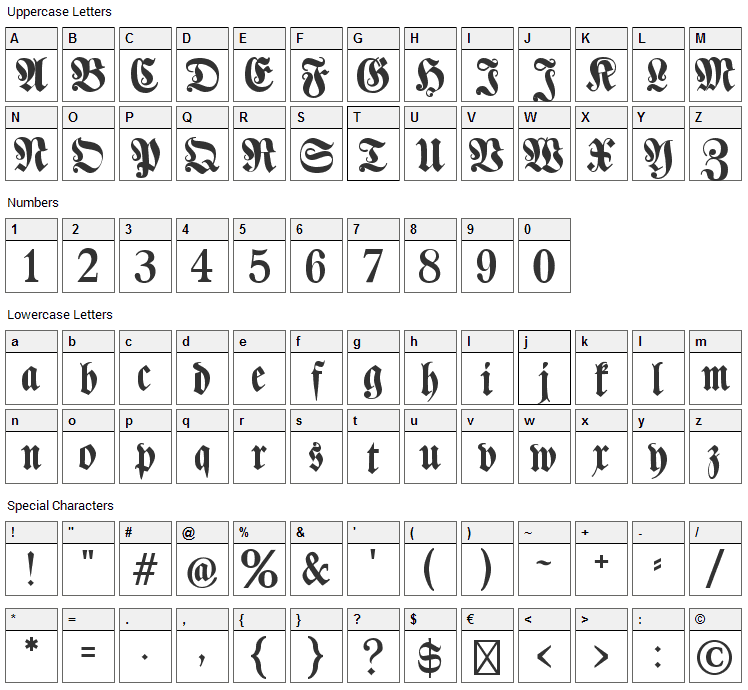 Klaber Fraktur Font Character Map