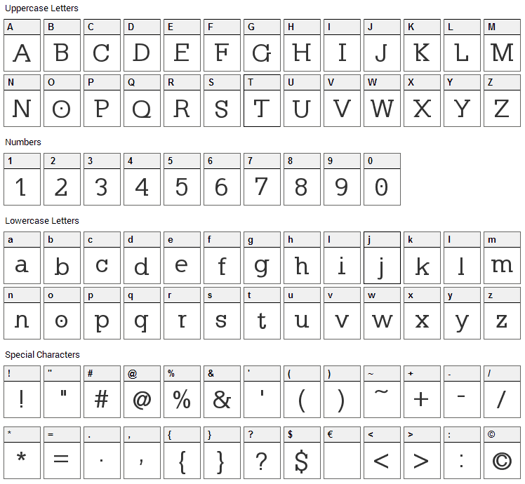 Klein Slabserif Font Character Map