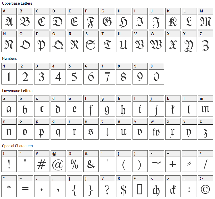 Kleist-Fraktur Font Character Map