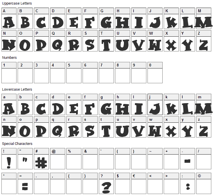 Kleptomaniac Font Character Map
