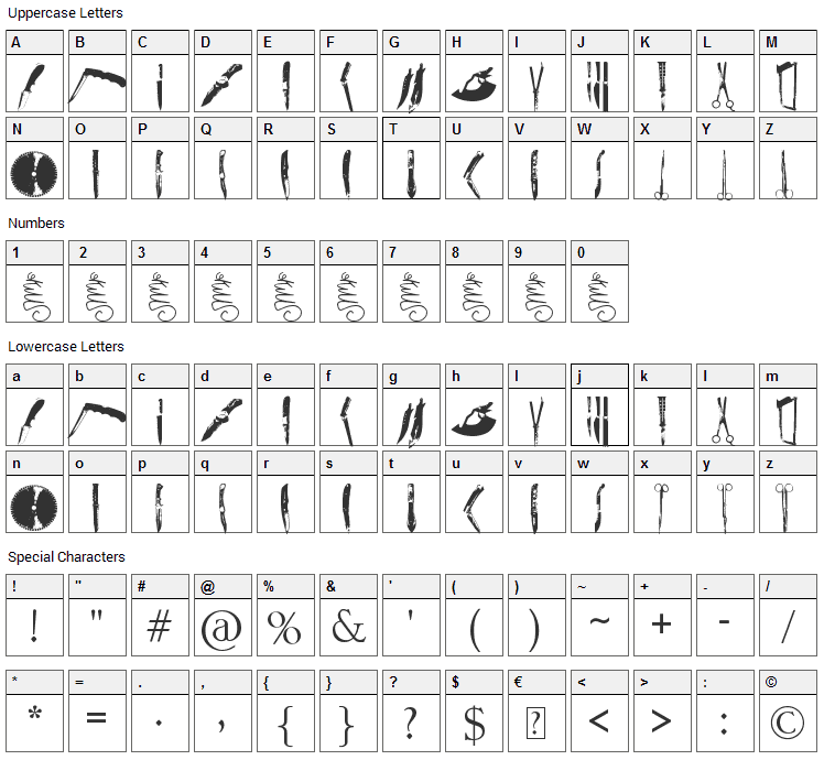 Knives Font Character Map