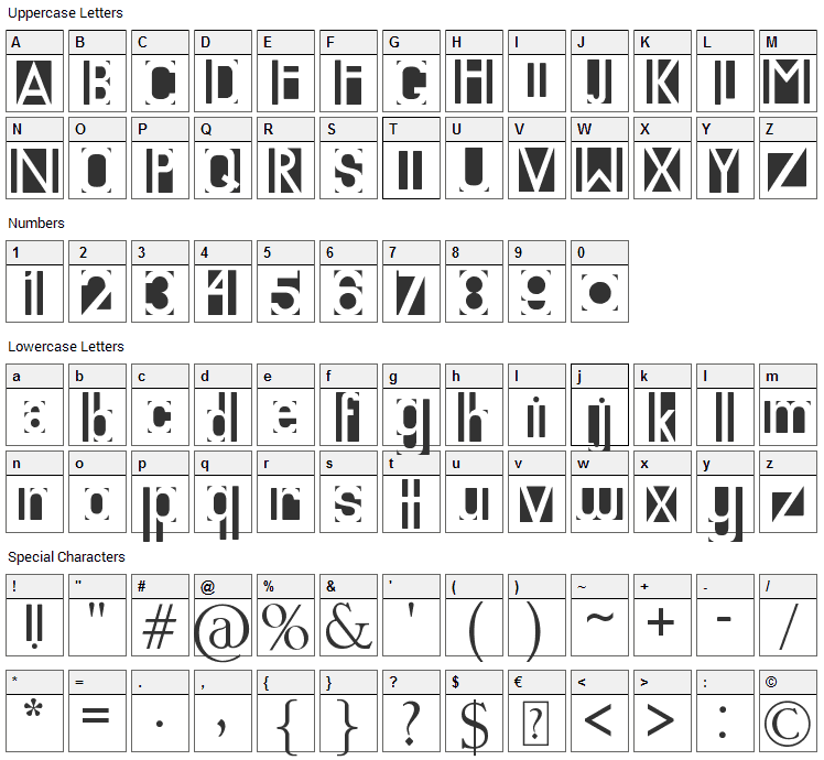 Knockout Font Character Map