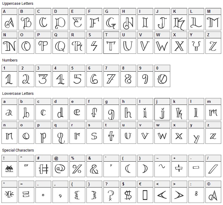 Knuckel Tatz Font Character Map