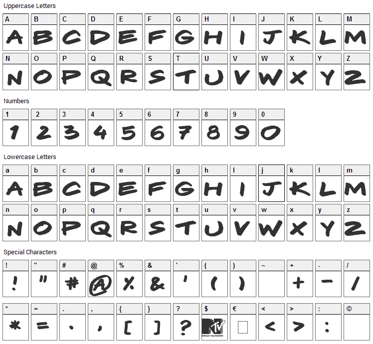 Komix Font Character Map