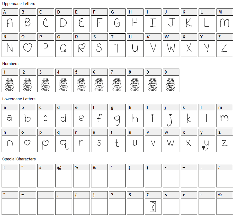 Kooky Kieran Hearts Font Character Map