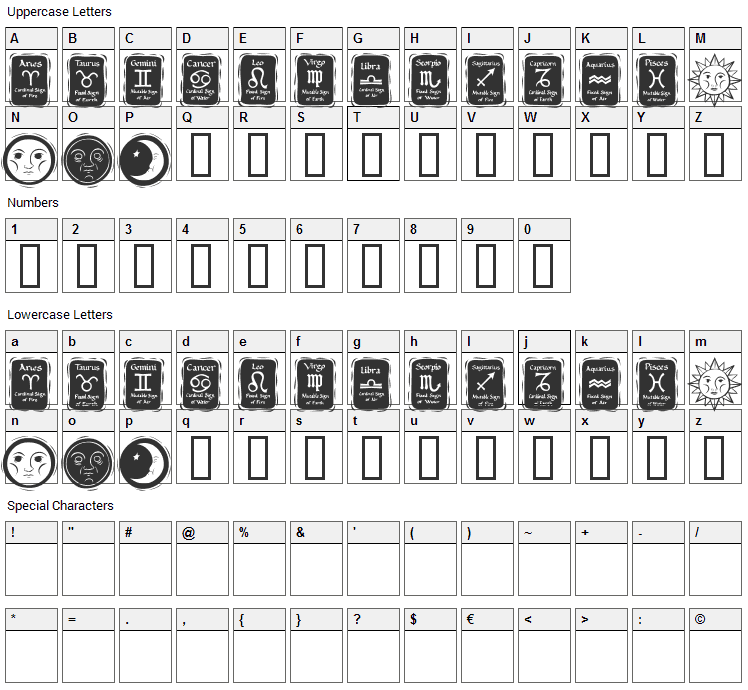 KR Astro Font Character Map