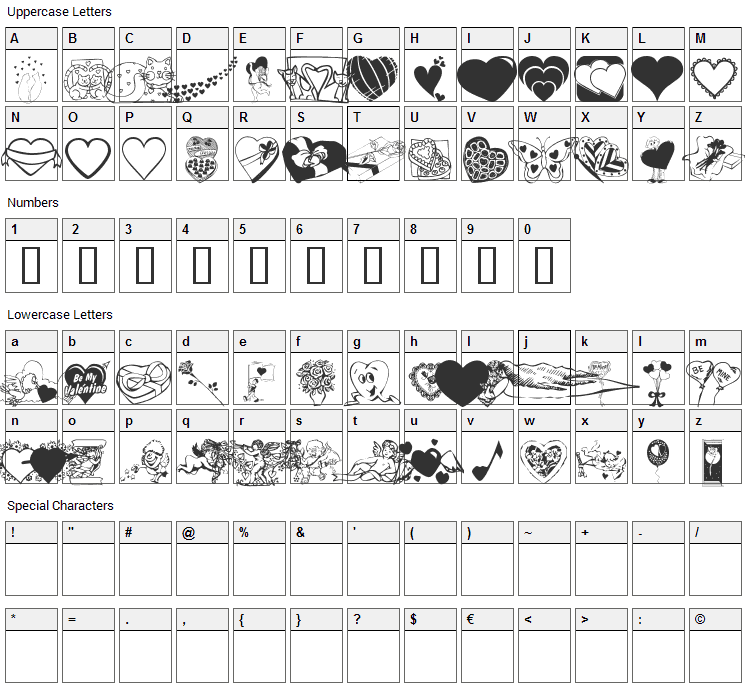 KR Be Mine Again Font Character Map