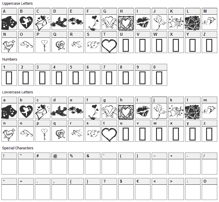 KR Be Mine Always Font Character Map