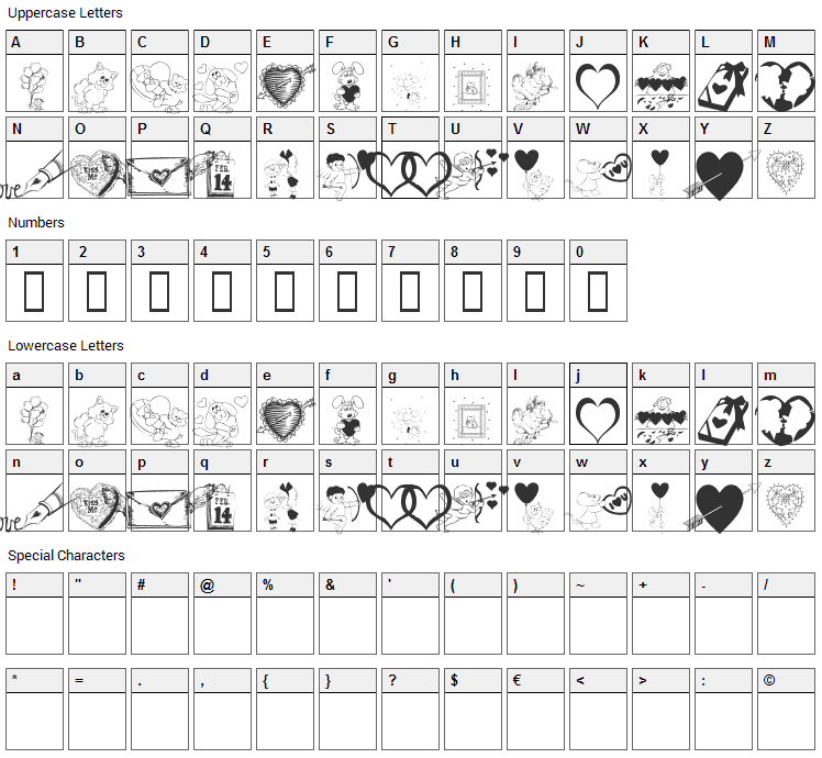 KR Be Mine Font Character Map