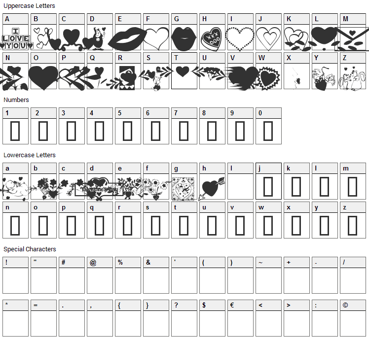 KR Be Mine More Font Character Map