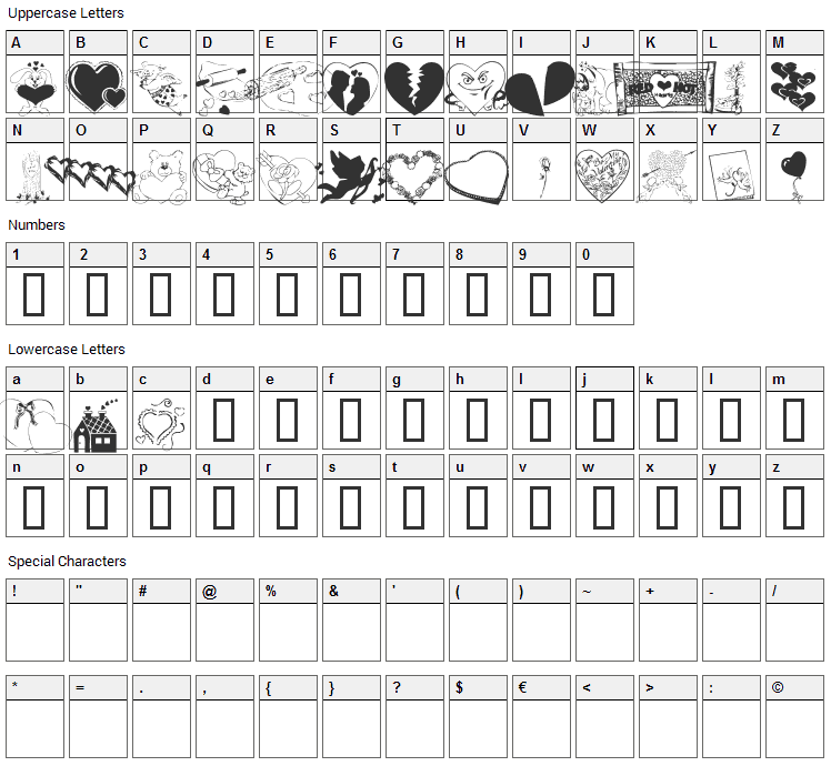 KR Belated Valentine Font Character Map