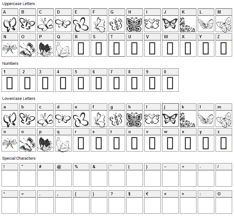 KR Butterflies Font Character Map