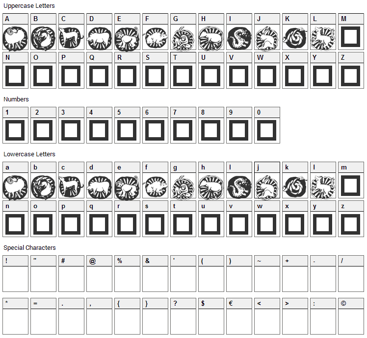 KR Chinese Zodiac Font Character Map