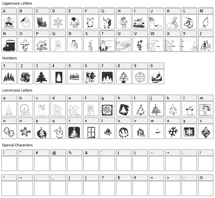 KR Christmas 2001 Font Character Map