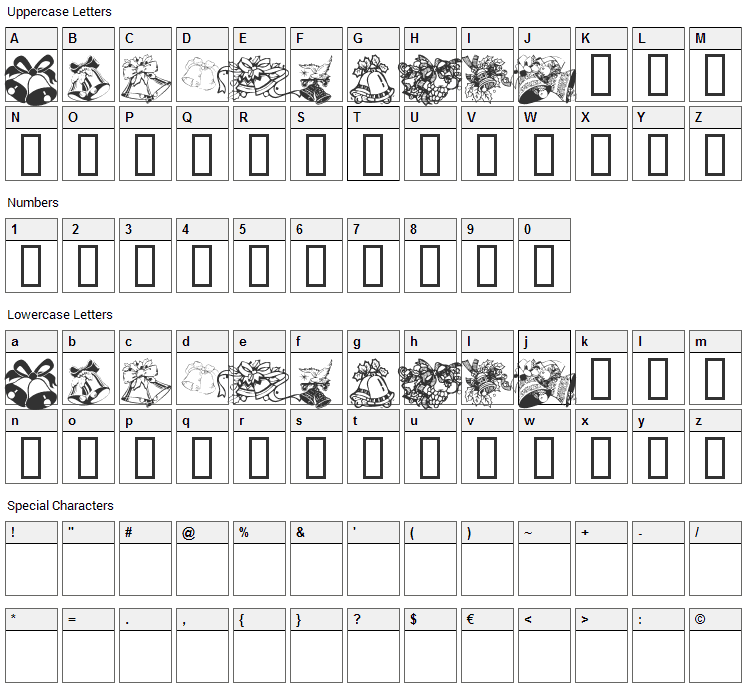 KR Christmas Bells Font Character Map