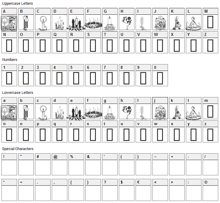 KR Christmas Candles Font Character Map