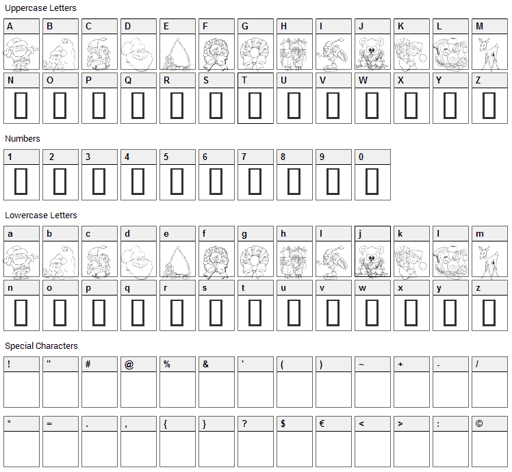 KR Christmas Color Me Font Character Map