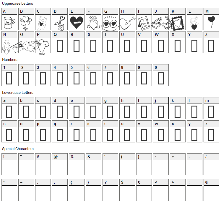 KR Cuori Divertenti 4 Font Character Map