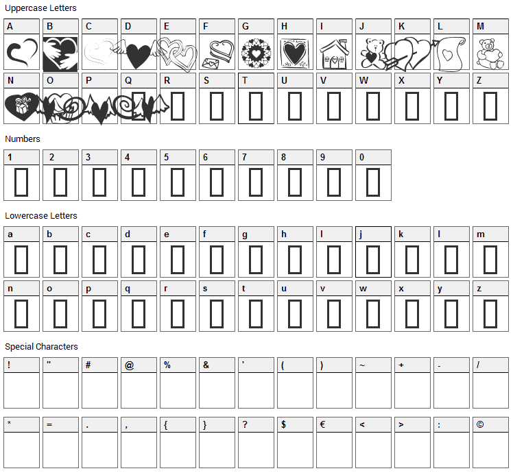 KR Cuori Divertenti 5 Font Character Map