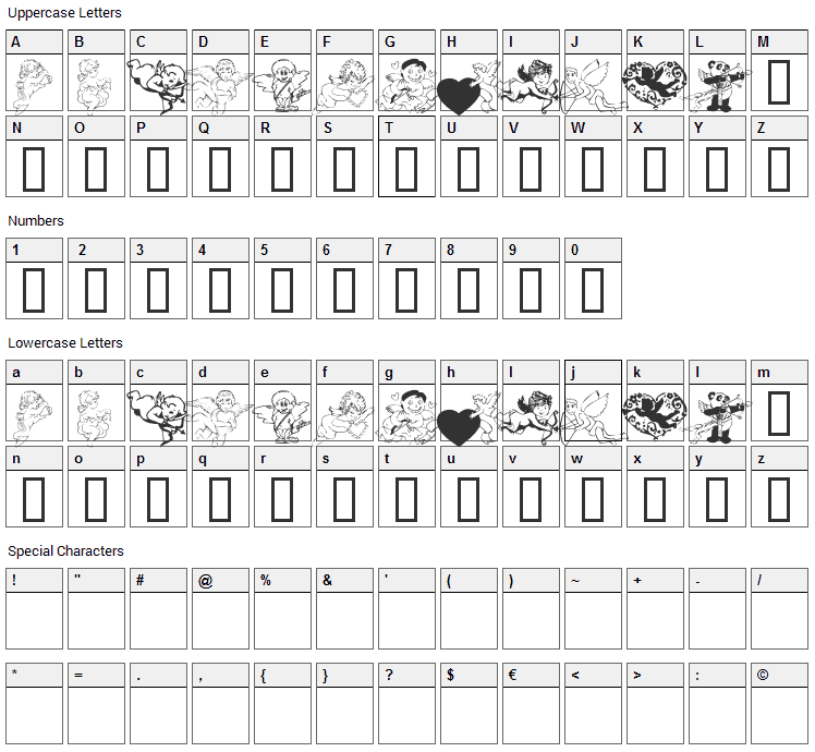 KR Cupids 2003 Font Character Map