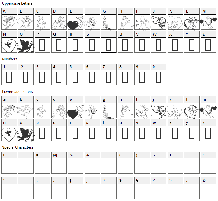 KR Cupids Font Character Map