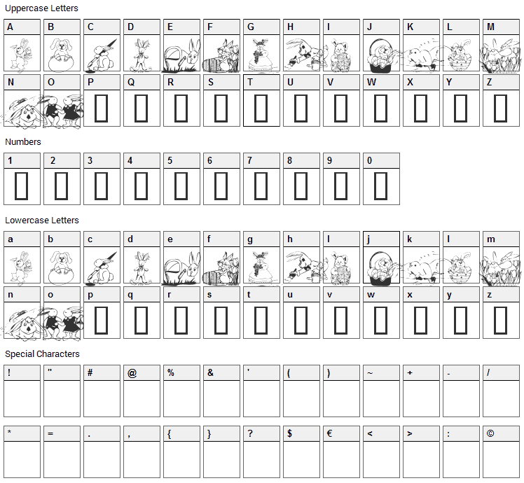 KR Easter Bunnies Font Character Map