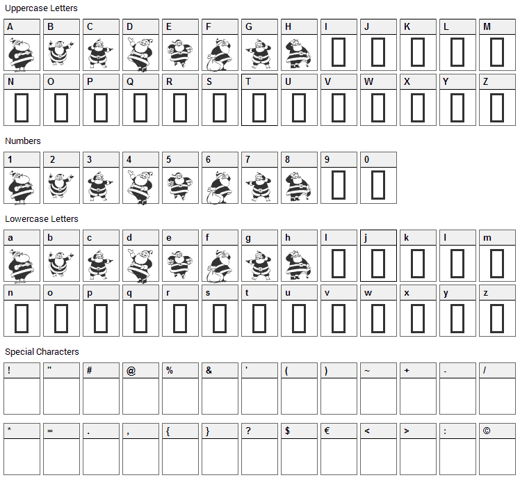 KR Eight Santas Font Character Map