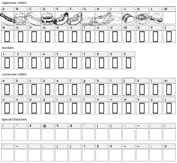 KR Fast Food Font Character Map