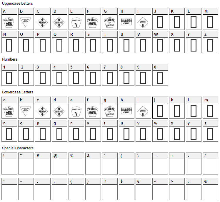 KR Halloween Signs Font Character Map