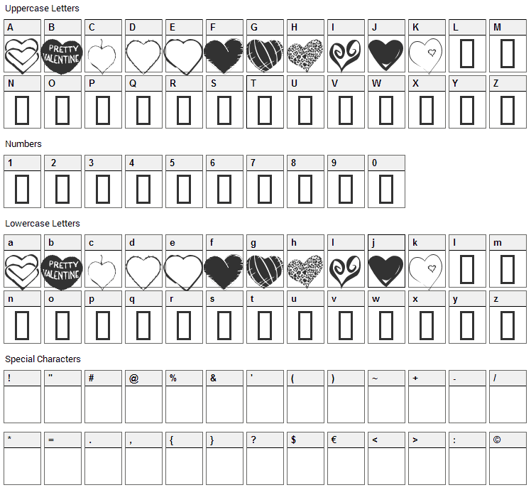 KR Heartfelt Font Character Map