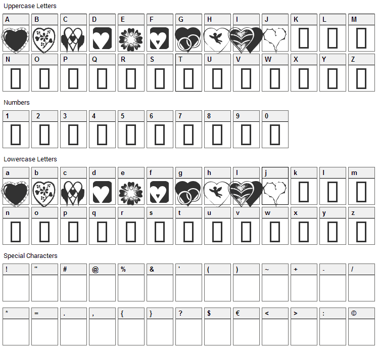 KR Heartiness Font Character Map