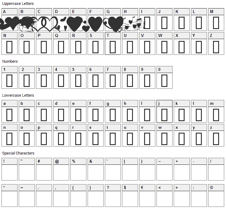 KR Hearts Along Font Character Map