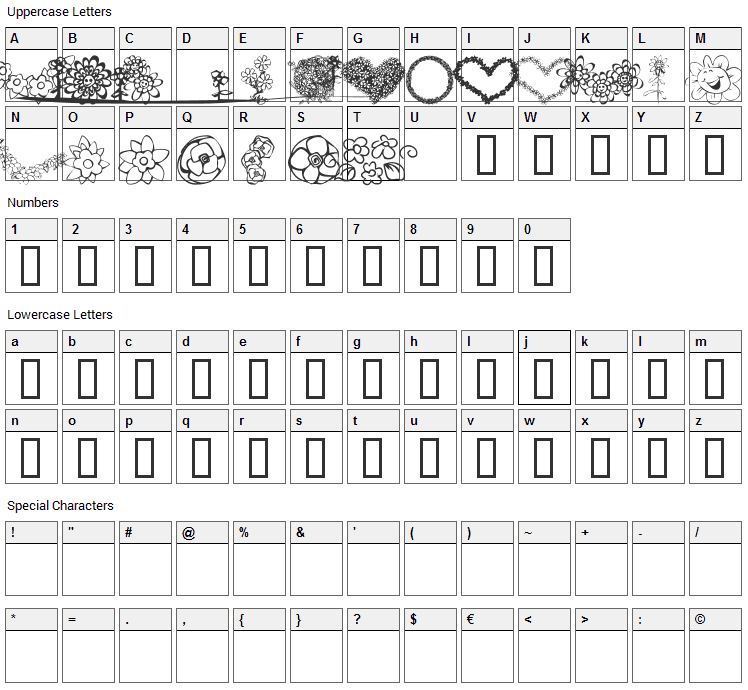 KR Just The Flowers Font Character Map