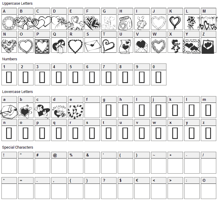 KR Kats Got A New Valentine Font Character Map