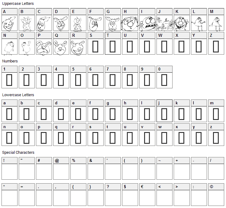 KR Lil Mites Font Character Map