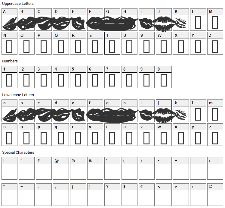 KR Lippy Font Character Map