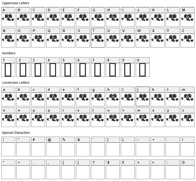 KR Lots of Hearts Font Character Map