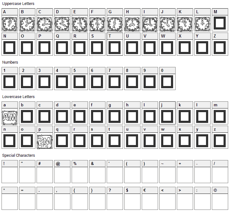 KR Lotsa Time Dings Font Character Map