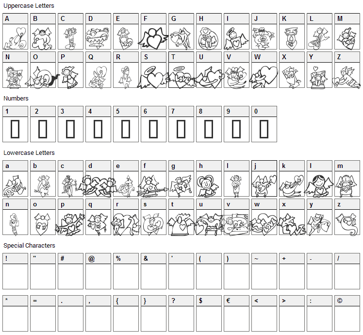 KR Love Angels Font Character Map