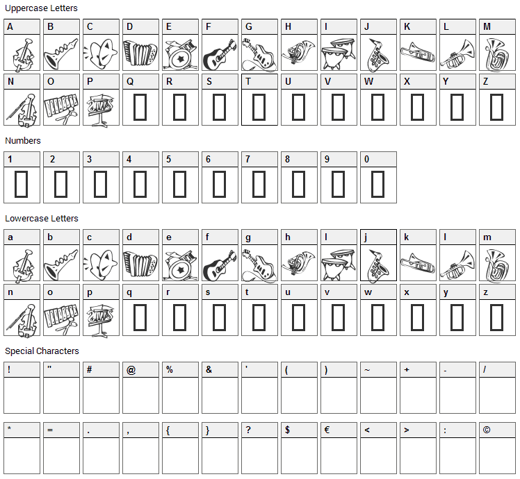 KR Music Class Font Character Map