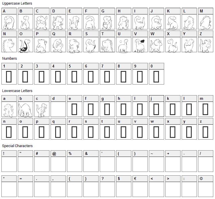 KR Nickys Dinos Font Character Map