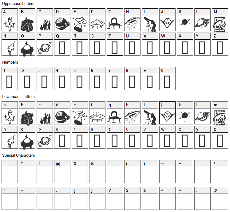 KR Out of this World Font Character Map