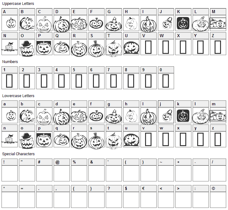 KR Pick A Pumpkin Font Character Map