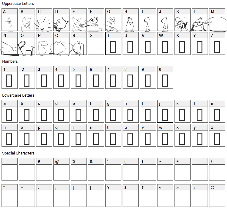 KR Scrappin Animals Font Character Map