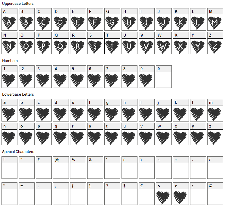 KR Scribble Heart Font Character Map