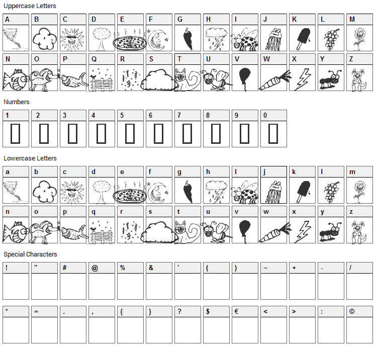 KR Silly Art Font Character Map